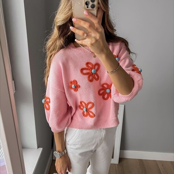 New Zara Floral Embordied Knit Sweater - Picture 5 of 9